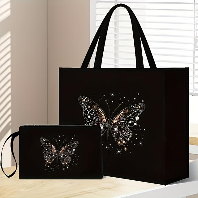 TEMU 2pcs Women' Set, Featuring A -print Tote Bag And A Cosmetic Pouch. Durable Fabric Shoulder Bag, Suitable For Work, Travel, And Daily Use. Stylish Ladies' Handbag With Magnetic Snap Closure