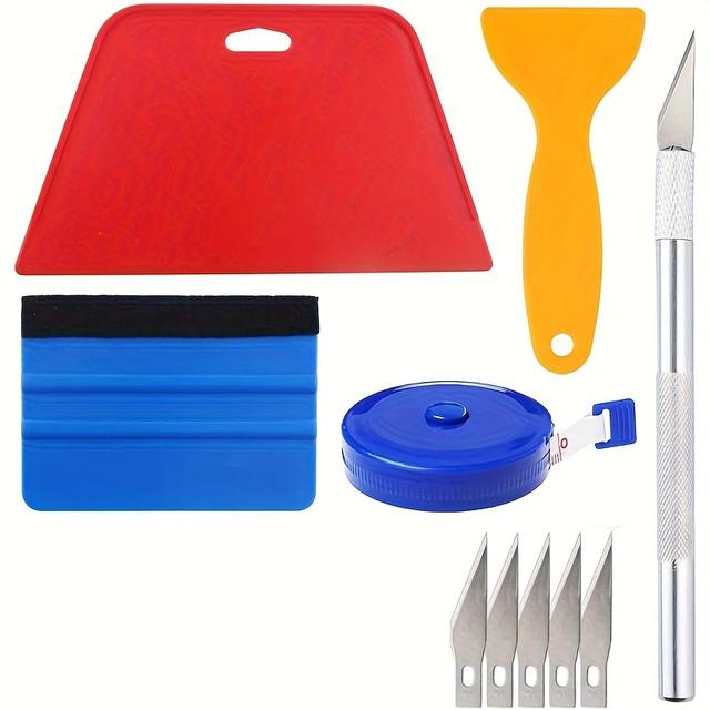 TEMU 9/10pcs Wallpaper Smoothing Tool Kit, Include Red Squeegee, Medium-hardness Squeegee, Blue Tape Measure, Craft Knife With 5 Replacement For Adhesive, Contact Paper Application Tool