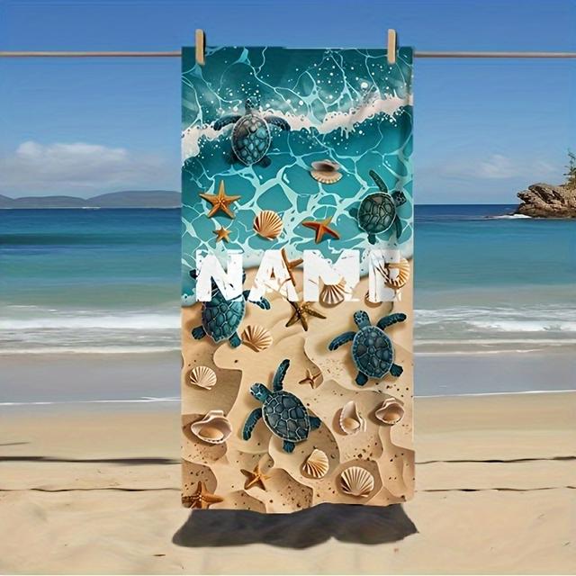 TEMU Custom Name Beach Towel, Microfiber Seaside Bath Towel With Personalized Sea Turtle And Shell Pattern, Self- Beach Towel