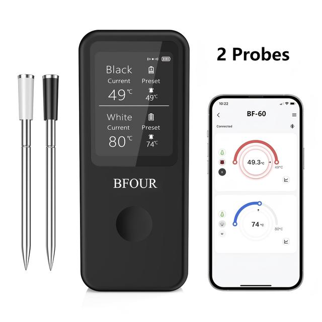 TEMU 1 ks, BFOUR Bezdrátový grilovací teploměr s 2 sondami, Bluetooth s dvojitou sondou, ovládání přes aplikaci, bezdrátový pečicí teploměr pro gril, troubu, rožně