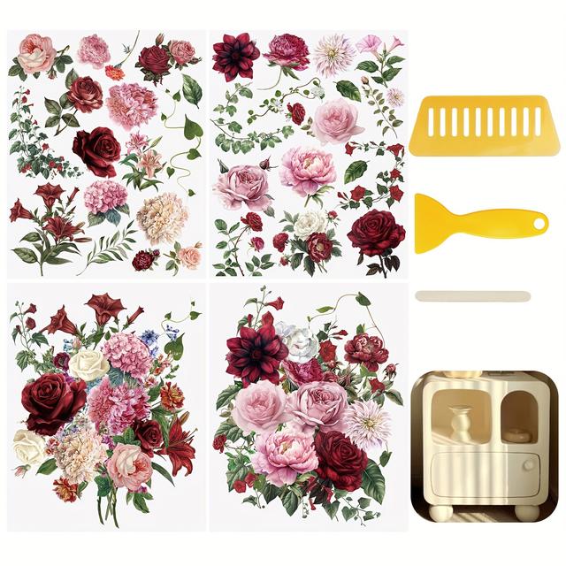 TEMU 4 Sheets Red Floral Rub-on Transfer Stickers, Waterproof Paper Decals For Diy Scrapbooking And Furniture Decoration, Single Use