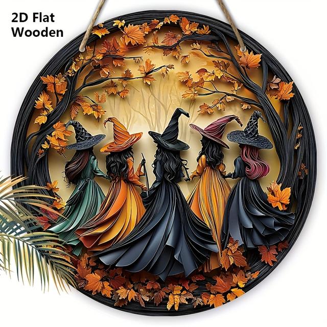 TEMU 2d Flat, 1pc, 7.87in Wooden Halloween Sign With & Forest - Decorative Plaque For Front Door, Porch, Wall Hanging Decor - Ideal Halloween Decoration, Halloween Decorations