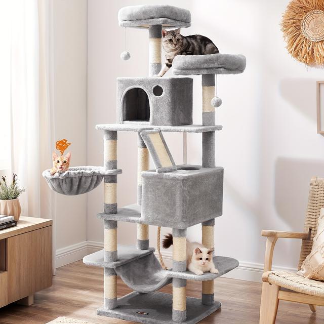 TEMU Feandrea Large Multi-level Cat Tree For Indoor Cats - 13 Scratching Posts, 2 Perches & Cozy Hammock, Durable Particle Board Construction, Space-saving Design For Climbing, Resting & Play