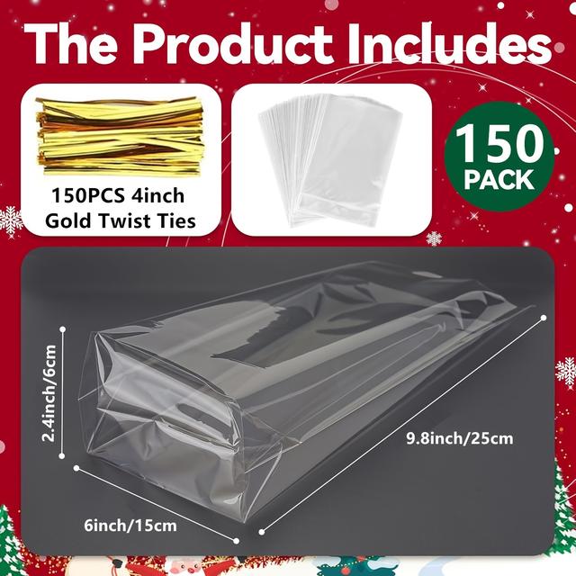 TEMU 150 Skleněných sáčků s plochým dnem a twist páskami, čiré skleněné plastové sáčky, vhodné pro balení vánočních dárků, dekorace a skladování