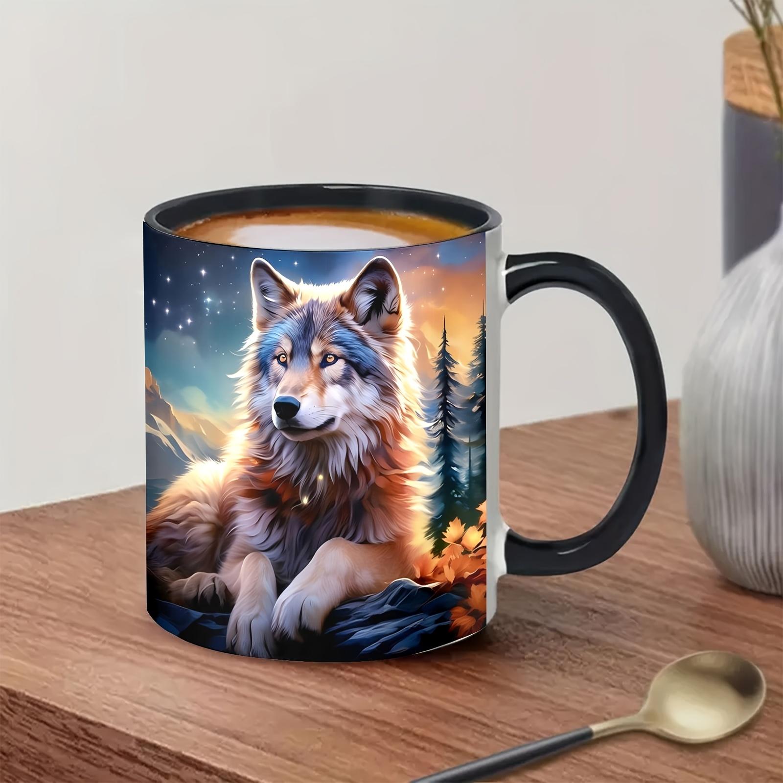 TEMU 1 Wolf Design Ceramic Coffee Mug, 11oz Double-sided Print Cup For Coffee, Tea, Milk, Water - Decorative Beverage Cup, Ideal Gift For Birthdays, Office, Parties, Mother's Day, Father's Day, Mug