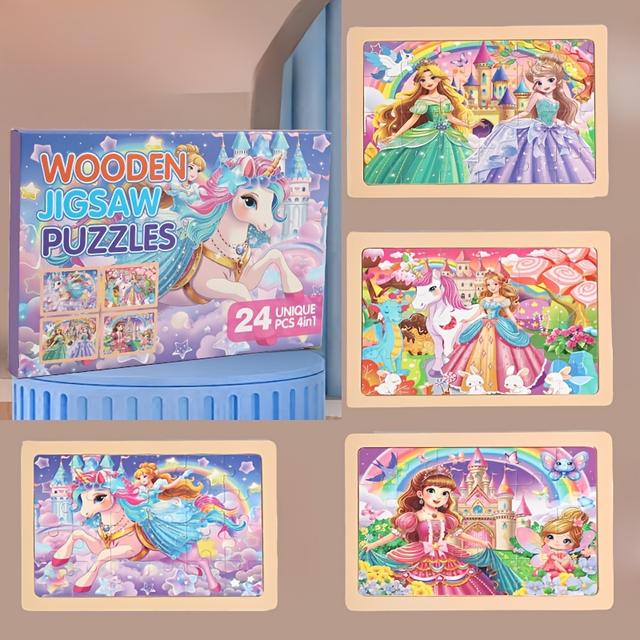 TEMU ألغاز خشبية مناسبة للأطفال من عمر 4-6 سنوات، تتميز بـ 24 قطعة من ألغاز يونيكورن حورية البحر في 4 عبوات، مصممة لأنشطة التعلم في مرحلة ما قبل المدرسة للفتيات من عمر 3 إلى 6 سنوات