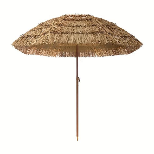 TEMU Boho Chic Outdoor Sun Shade Umbrella With Stand - Rustic Yellow Straw-style Canopy With Green Leaf Accents, Durable Polyester Fabric For Beach, Garden, And Pathway Protection, Beach Umbrella