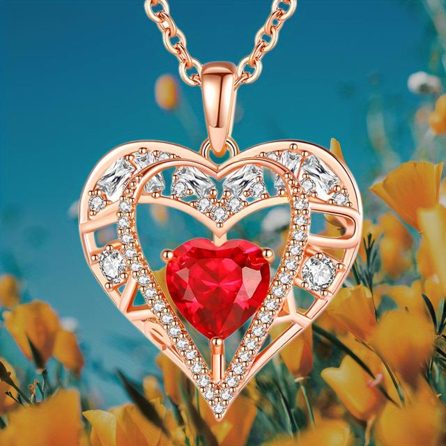 TEMU Elegant And Fashionable Heart-shaped Rose Necklace - Chain Pendant, Accessories For Women, Birthday Anniversary Celebration Gift