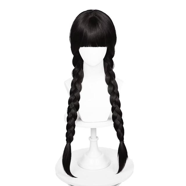 TEMU Peluca larga negra con trenzas y flequillo para disfraces de cosplay para niñas