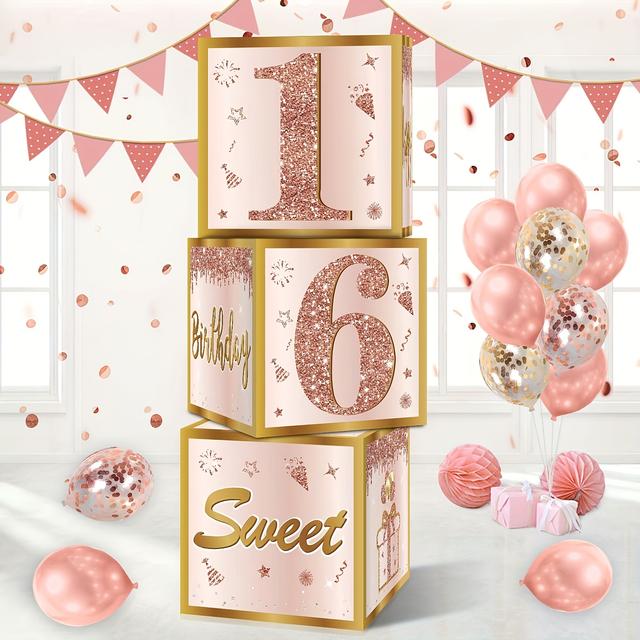TEMU Sweet 16 Birthday Party Decorations Boxes For Girls - 3pcs Pink Rose Golden Happy 16th Birthday Balloons Boxes, Year Old Party Supplies For Girls