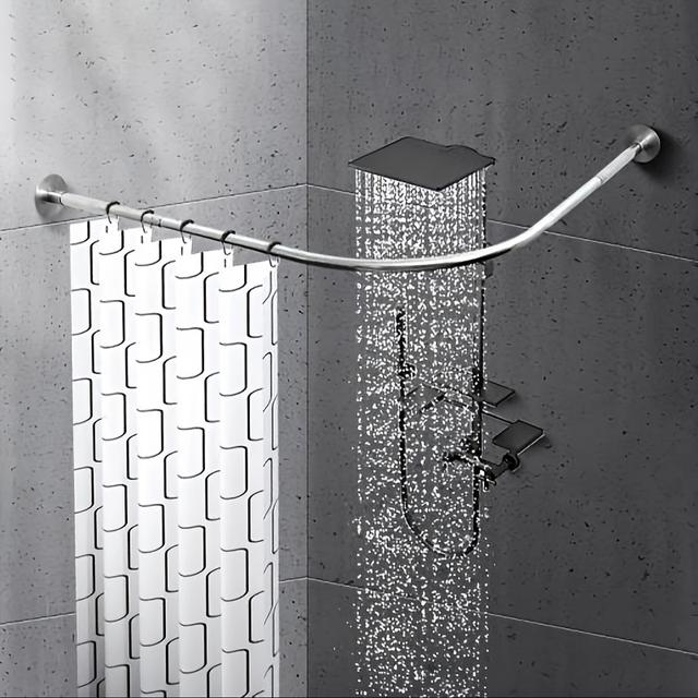 TEMU A Retractable Curved Shower Curtain Rod Set That Requires No Drilling, Featuring A Fan-shaped Design