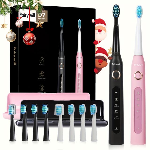 TEMU Fairywill Elektrische Zahnbürste Set für Erwachsene, inklusive 2 Sonic Zahnbürsten mit Reiseetuis, 5 , 8 Ersatzbürstenköpfe und einem 2-Minuten-Timer für Paare