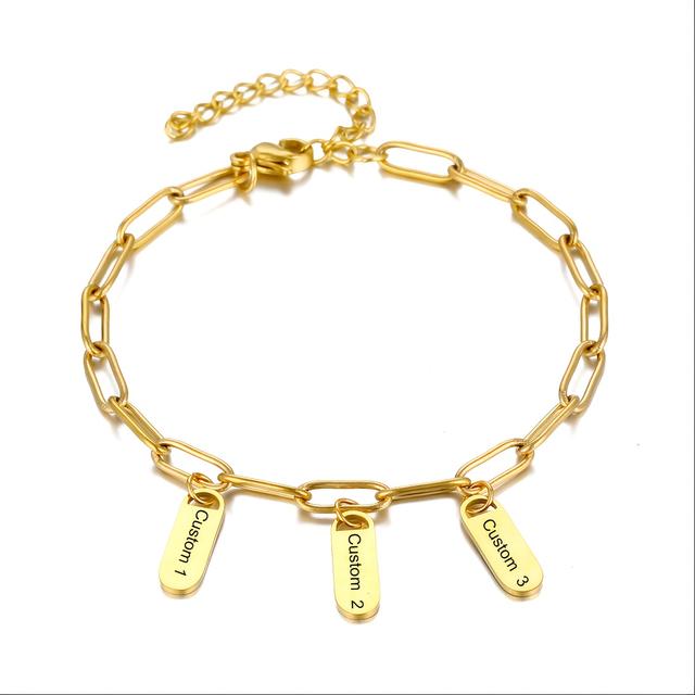 TEMU Pulsera personalizada de acero inoxidable con eslabones cuadrados y etiquetas de | Grabada con nombres de familiares, chapada en oro de , ajustable, regalo de perfecto para hija, o