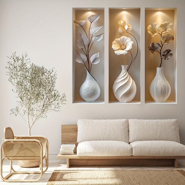 TEMU 3pcs 2d Vase Decorative Wall Art Set, Modern Minimalist Style Wall Stickers, Living Room Bedroom Study Background Wall Decor, Pvc Self-adhesive Mural, Luxury Embossed Art Hanging Painting