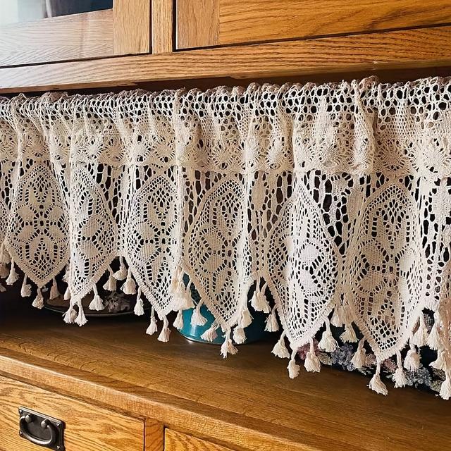 TEMU Handcrafted Beige Valance With Crochet Lace & Tassels - Rod Pocket Cafe Drapery For Kitchen, Living Room, Bedroom - Lightweight Decor