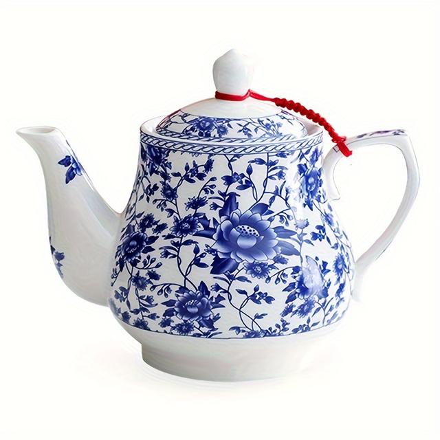 TEMU إبريق شاي سيراميكي أزرق وأبيض زهري، سعة كبيرة (33.82 أوقية / 1000 مل)، أدوات مطبخ للمنزل والمكتب، تصميم زهري، إبريق شاي سيراميكي لطاولة الطعام