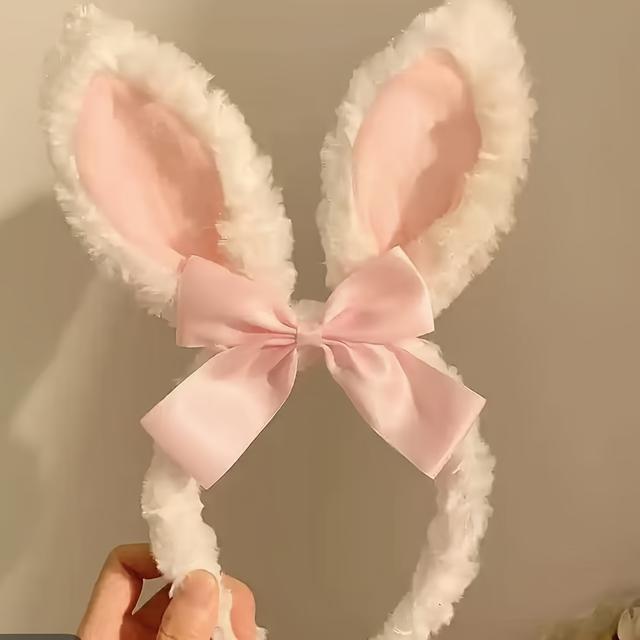 TEMU Una de felpa rosa con encaje y orejas de conejito, perfecta para maquillaje y lavado de cara, que que la cara parezca más pequeña