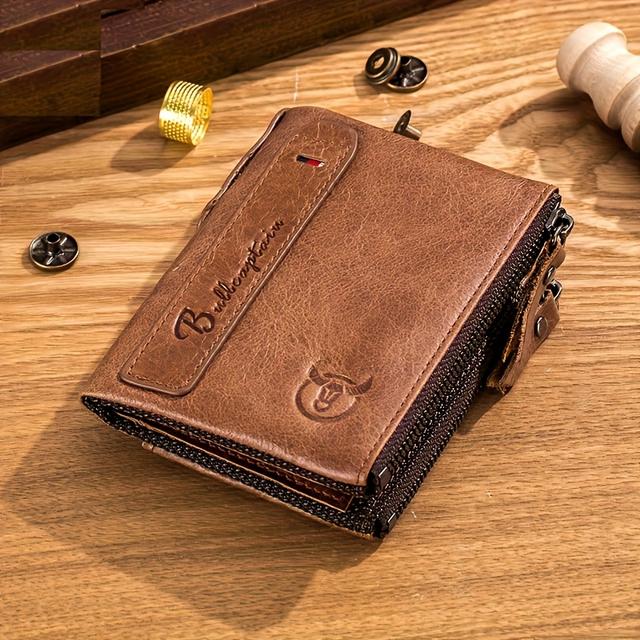TEMU Herren Retro Leder Portemonnaie met meerdere kaartsleuven, casual ritsportefeuille, bovenste laag koeienhuid tas, creditcard en foto opbergtas