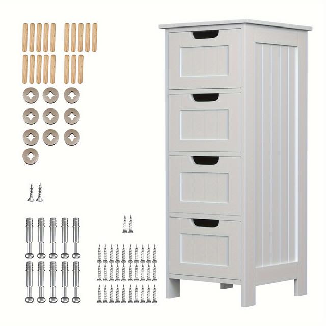 TEMU Bathroom Storage Cabinet, Waterproof Cabinet With 4 Drawers, Suitable For Living Room, Bedroom, , White Freestanding Bathroom Floor Cabinet, 30x30x82cm, Storage Drawer Units