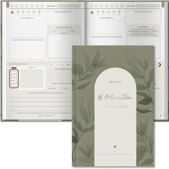 TEMU Biroyal 5-minute Mindfulness & Gratitude Journal Hardcover Diary - German-language Daily Logbook With Weekly Prompts, A5 & Meditation Planner For S,