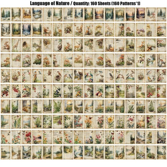 TEMU 160장 빈티지 자연경관 스크랩북 용지 팩, 거친 마감, 붙지 않는, 대형, 160가지 독특한 패턴, DIY 공예, 노트북, 플래너, 저널링 용품을 위한 장식 배경 재료