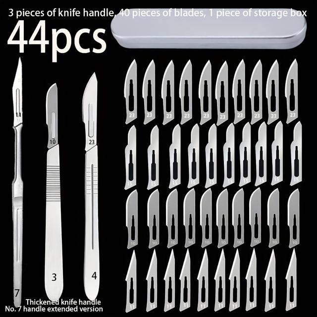 TEMU A Set Of 34/44pcs With Storage Iron Box, With Extended Knife Handle, And No. 4 Handle (thickened Knife Handle), Precision Craft Knife Set, Equipped With 40 Carbon Steel (, No. 11, No. 15, No. 23)