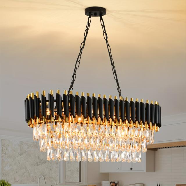 TEMU Modern Crystal Chandeliers For Dining -light Black And Gold Chandelier Living Room Oval Contemporary Ceiling Hanging Light Pendant Light Fixture For Kitchen L32 Inch E14*8 (bulb Not Included)