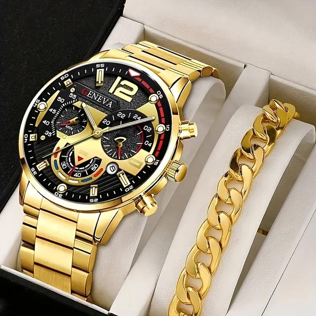 TEMU طقم رجالي عملي أنيق من 2 قطع: ساعة كوارتز من الفولاذ المقاوم للصدأ بلون ذهبي مع تقويم وسوار متناسق - هدية مثالية له