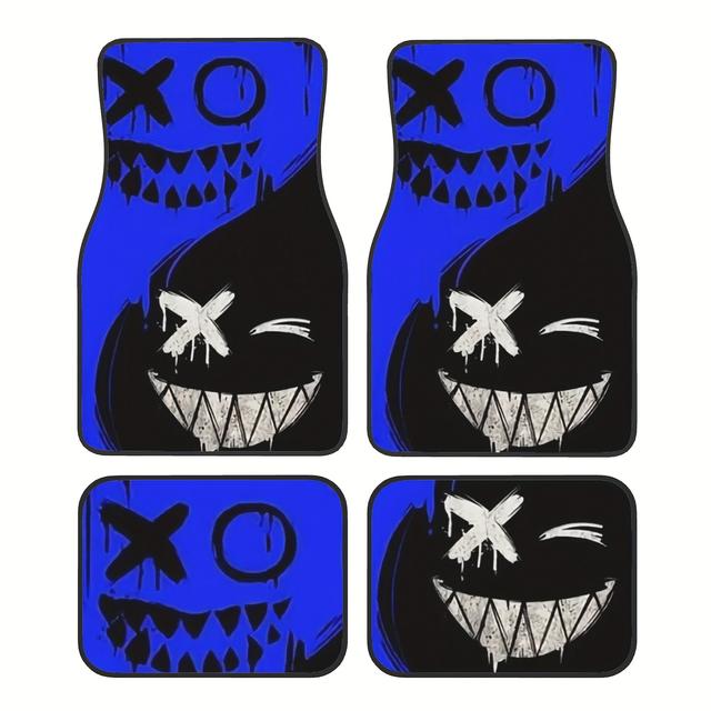TEMU 4pcs Set Of Graffiti Demon Cartoon Pattern Car Floor Mats - Polyester Fiber Front And Rear Protectors, Suitable For All Vehicle Models.