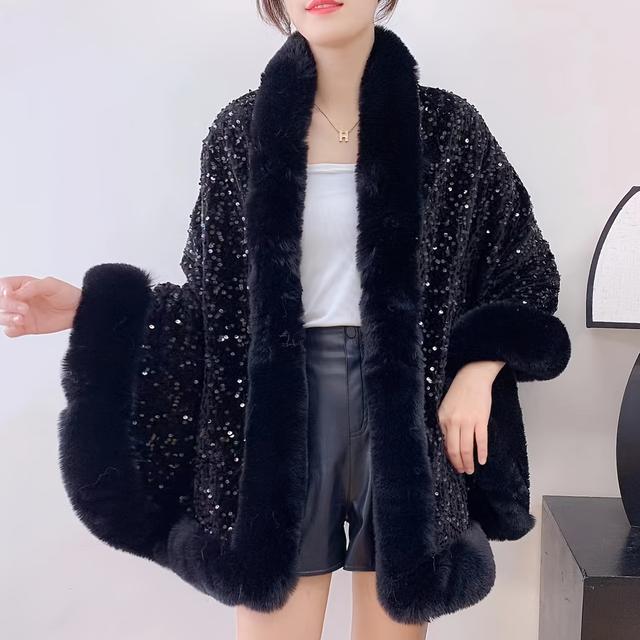 TEMU Women's Sequin Fur Collar Shawl Coat, Warm Plush Lined Cape, Casual Loose Fit, Fashion Versatile Poncho Outerwear
