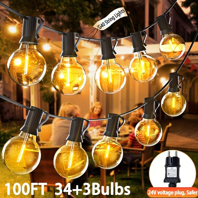 TEMU 100/60/40/30/20ft G40 String Lights | Resistant Led Vintage Edison Bulbs, Plug-in Power Supply, Extendable, Safe And 24v Low Voltage, Dimmable, Fibrave Brand For Decoration