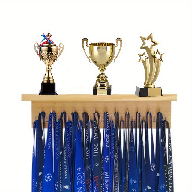 TEMU Wall-mounted Wooden Display For Medals And Trophies Featuring Hooks, Designed For Sports Like Gymnastics, Basketball, Soccer, And , Providing A Sturdy Storage Solution