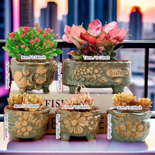 TEMU 손그림 인쇄 세라믹 꽃병 5개 세트, 발코니, 거실, 테이블 장식, 녹색 식물 공간을 밝혀보세요, 봄, 여름 수크울, 작은 식물 용기|화분|티테이블