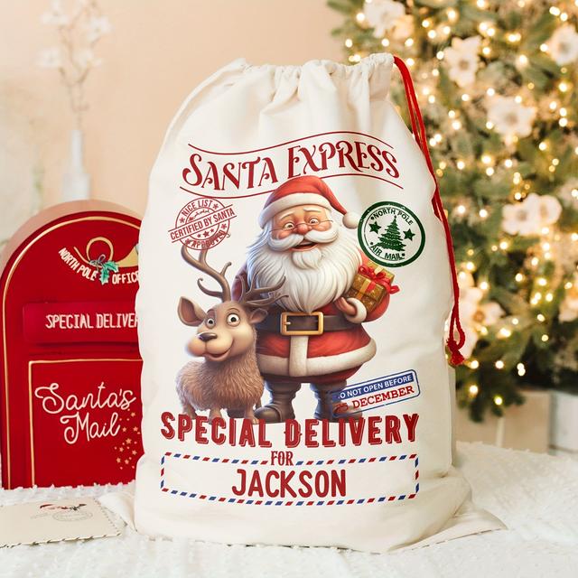 TEMU 1pc Personalized Gift Sack With Custom Name - Durable Polyester Christmas Stocking For Holiday Presents And Party Favors