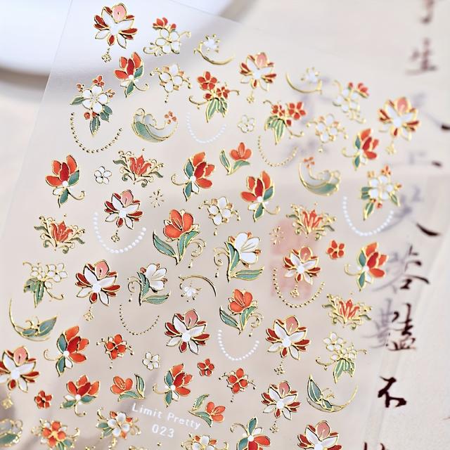 TEMU Elegáns, virágos mintás körömmatricák új kínai stílussal, háromdimenziós francia virág mintákkal a körömdíszítéshez.