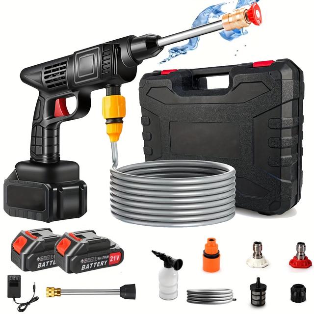 TEMU コードレス高圧洗車ガン、ポータブル電動クリーナー、ハンドヘルド高圧洗車ガン、2 x 21Vバッテリーと充電キット付き、屋外清掃や散水に最適