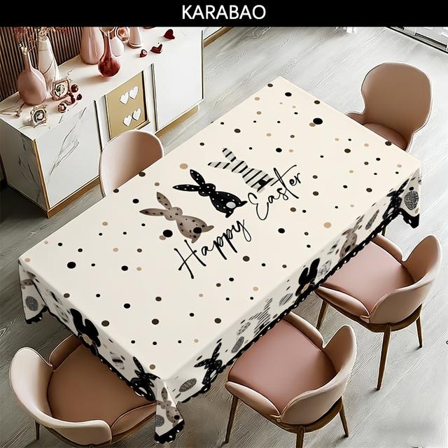 TEMU 1 szt. Obrus z motywem Królika Wielkanocnego, czarno-białe paski i wzór w kropki, mocny świąteczny wzór drukowany, obrus z falistym wzorem, idealne ozdoba na swój stół jadalny i w domu