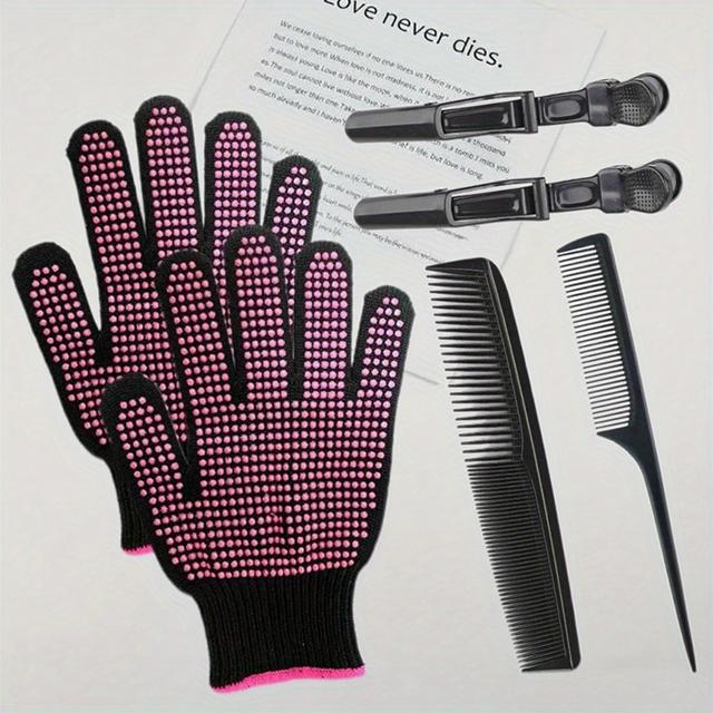 TEMU 6-delige Handschoenen Kapselgereedschap Set - voor Haarstyling 2 Handschoenen + 2 Haarspelden + 2 Styling Kammen, voor Kapsels en Kappersgereedschap, voor Glad, Stijl, Golvend en Andere Kapsels