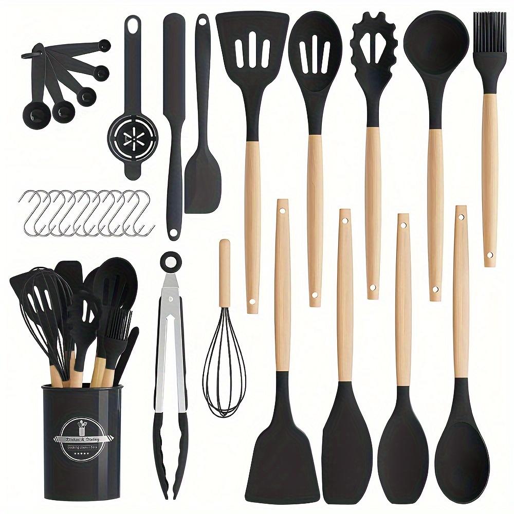 TEMU 30pcs Kitchen Set - Silicone Cooking S With Stand, Heat-resistant Silicone Utensils Featuring Wooden Handles For Cookware
