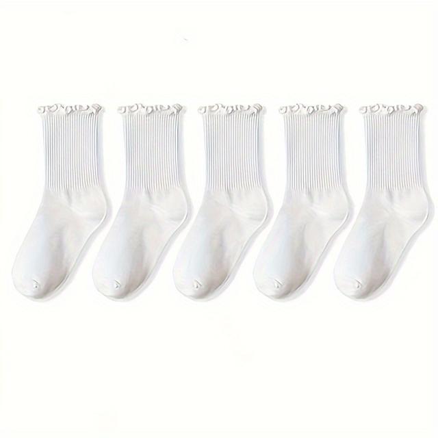 TEMU Skarpetki z Falbankami dla Kobiet 5 par/Zestaw, Drewniane Uszy Koronka Średnia Wysokość do Kostki Oddychające Czarne Białe Calcetines