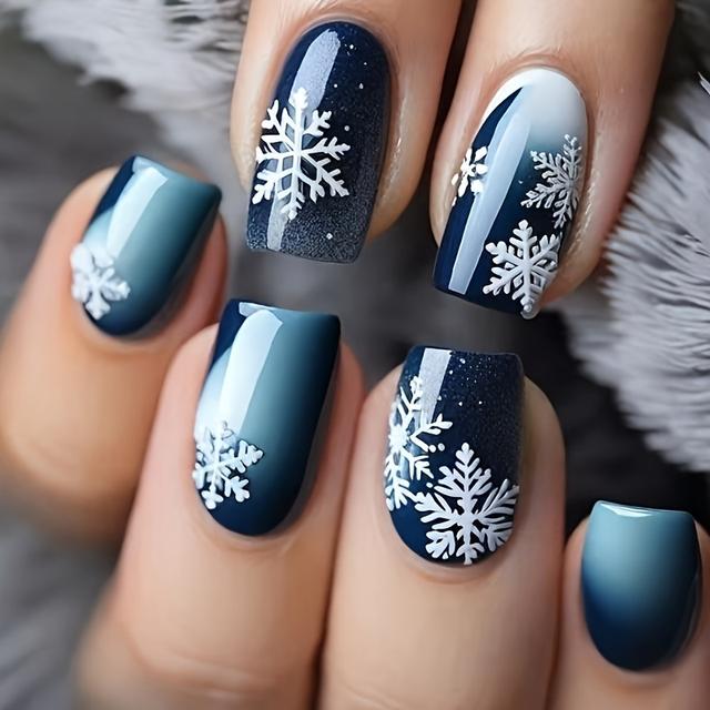 TEMU 48pcs Snowflake Gradient Press-on Nails With Christmas Winter Nail Art - Glossy Removable Fake Nails Suitable For Holiday Nail Stickers
