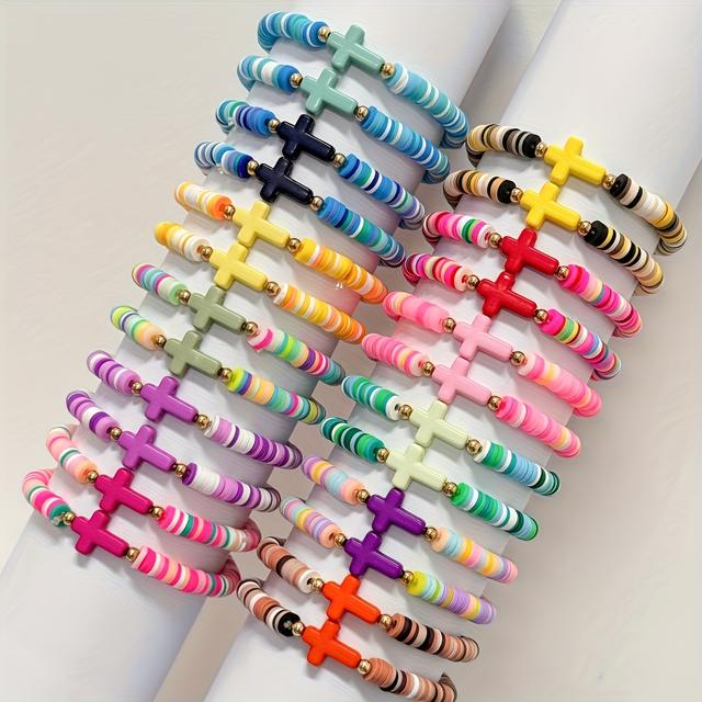TEMU Set de pulseras elásticas de arcilla blanda para mujer con 24 colgantes de cruz, diseño apilable