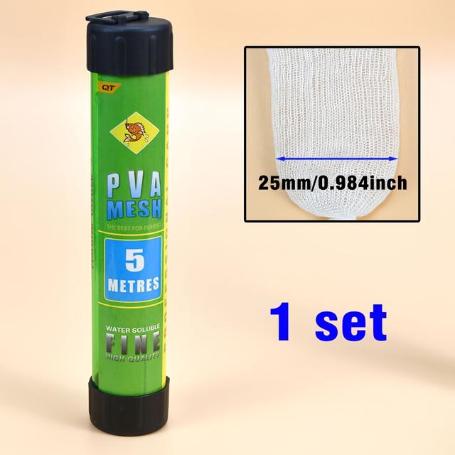 TEMU 196.85inch Pva Mesh Kit 18mm 25mm 37mm 44mm Wide Pva Mesh Carp Fishing Accessories With Funnel And Plunger System Fast Melt Pva Mesh Bag Fishing Refill For Boilie Bait Feeding