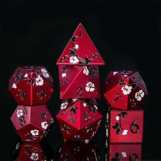 TEMU 7-teiliges Premium-Set aus roten Polyeder-Würfeln mit weißem Blumenmuster, schwere Metall-RPG-Würfel für Dungeons & Dragons, DND-Spielzubehör mit Geschenkbox