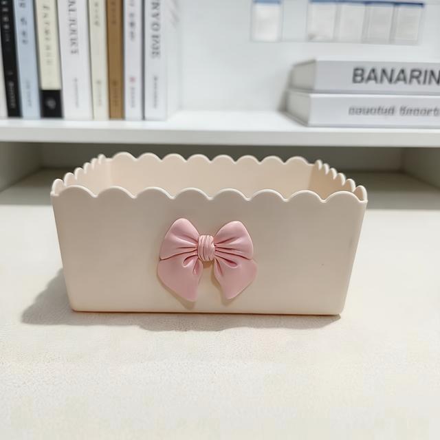 TEMU 2pcs [1 Storage Box + 1 Pink Bow] Cream Style Bow Storage Box Student Desk Stationery Organizer Household Sundries Storage Basket