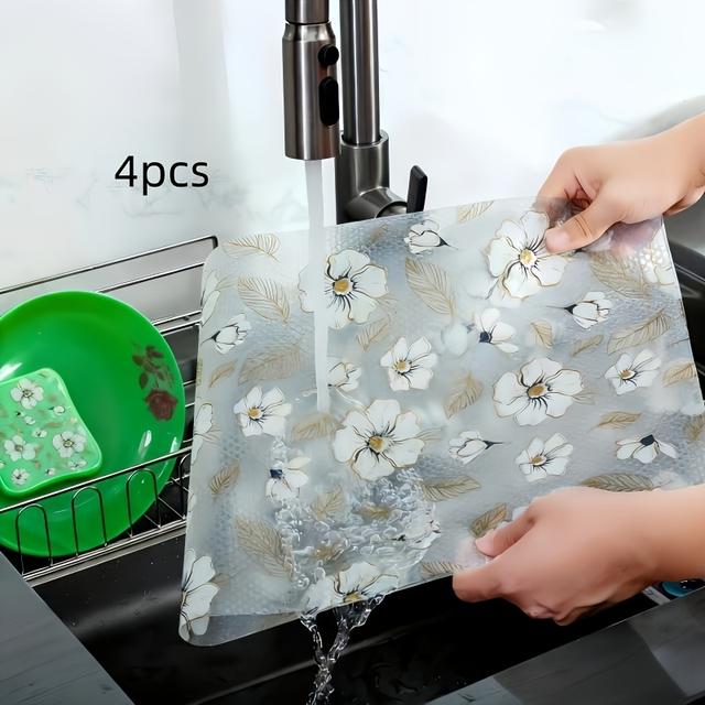 TEMU طقم حصيرة ثلاجة بتصميم زهرة الكرابابيل 4 قطع | مقاومة للماء والرطوبة، غير قابلة للانزلاق، مادة EVA متينة، تصميم كرابابيل ، مناسبة لتزيين الثلاجة والمطبخ