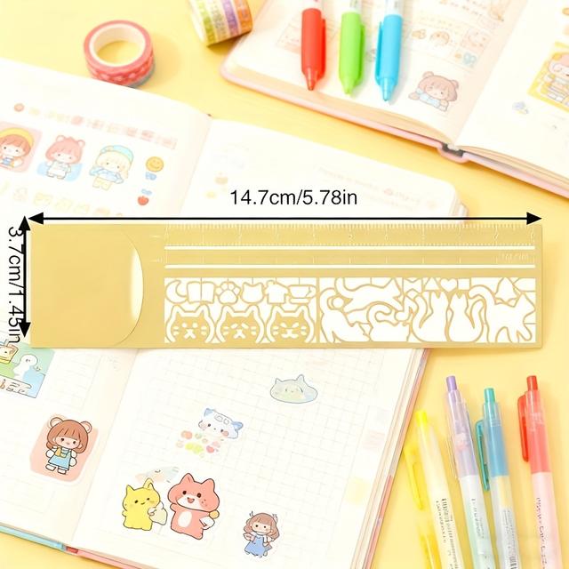 TEMU Cat-shaped Ruler & Bookmark - Double-sided Hollow-out Stencil With Cm/inch Scale, Heart & Paw Print Templates - Cute Planner Accessory, Diy Craft Tool For Journaling, Scrapbooking, Art - Gift & S