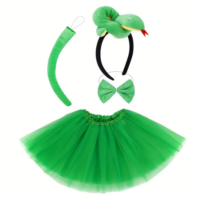 TEMU Juego de 4 piezas Accesorios para Disfraz de Serpiente Verde: de Serpiente 3D + Corbata + + Falda Tutú Forrada con 4 Capas y Vestido de Malla para Fiestas y