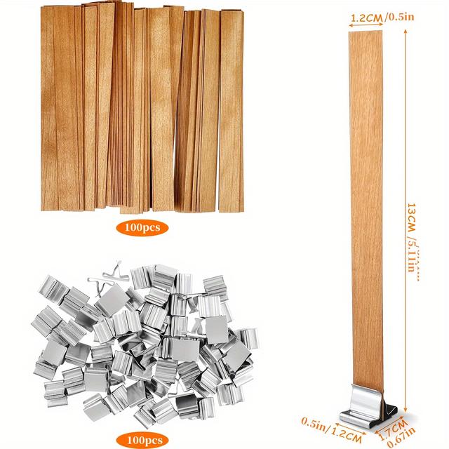 TEMU 100 Stück Holzkerzendochte mit 100 Stück Metallhaltern, 13 x 130 mm Holzdochte zur DIY-Kerzenherstellung, Bastelzubehör zur selbstgemachten Kerzenherstellung