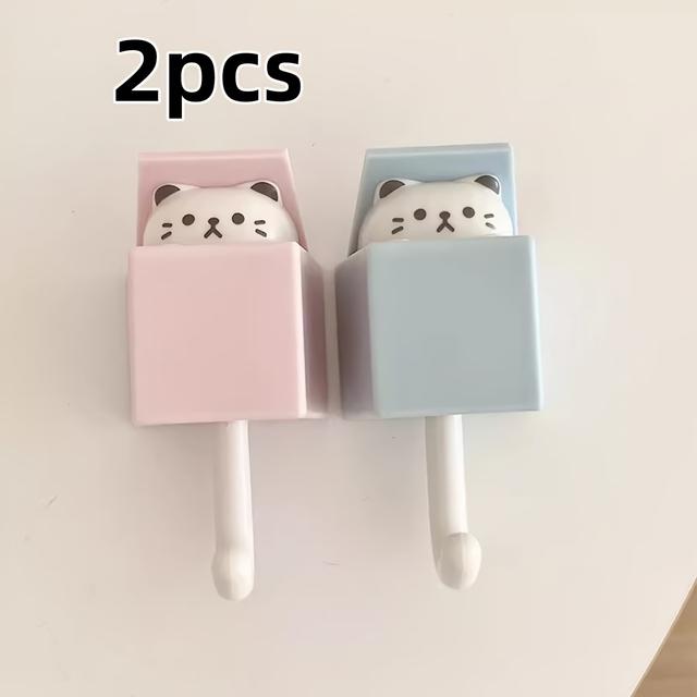 TEMU 2pcs Cute Cat Wall Hooks - Strong, Traceless, High-value Design For Bedroom & Living Room Decor, Durable Plastic With Adorable Cat Illustrations, Cat Accessories, Utility Hooks